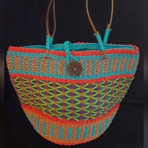 Cappelli Straworld Multicolor Straw Tote - Vibrant Turquoise, Orange & Green